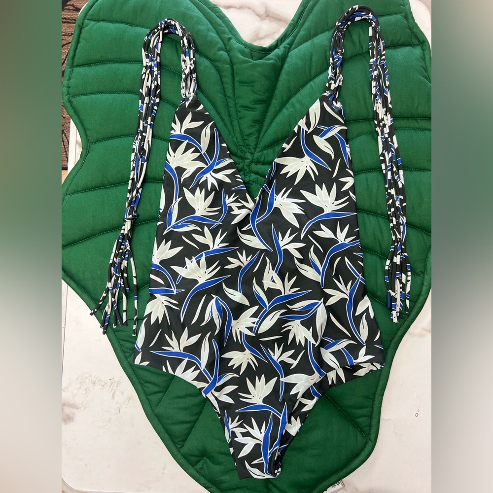 Mikoh Swimwear one piece strappy crochet halter suit, blue/blk bird of paradise